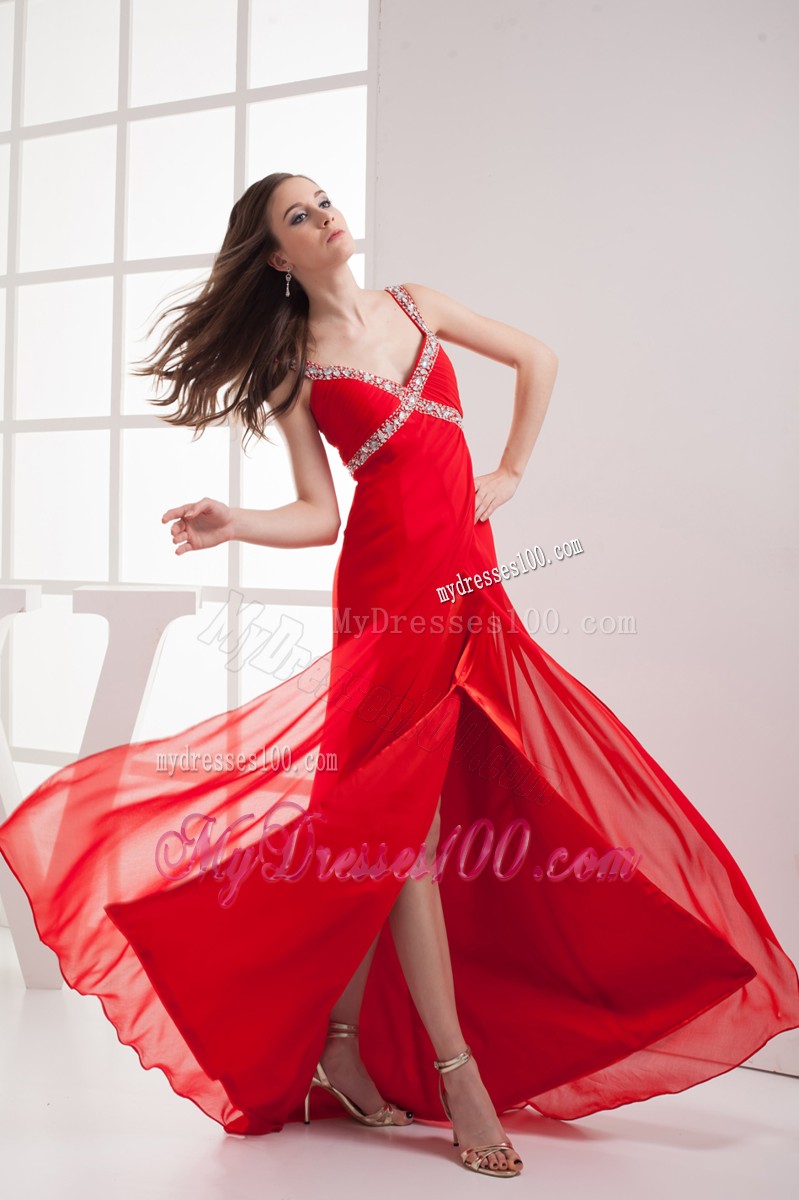 Pretty Straps High Slit Column Long Prom Dresses in Red