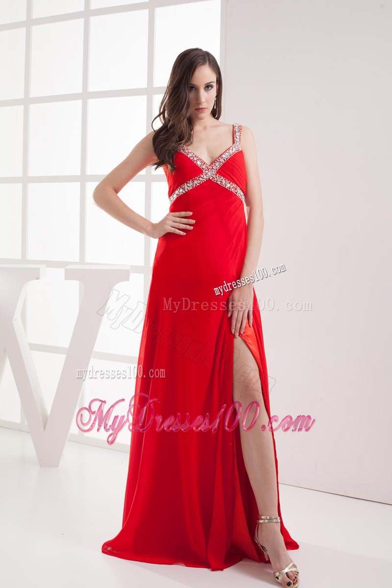 Pretty Straps High Slit Column Long Prom Dresses in Red
