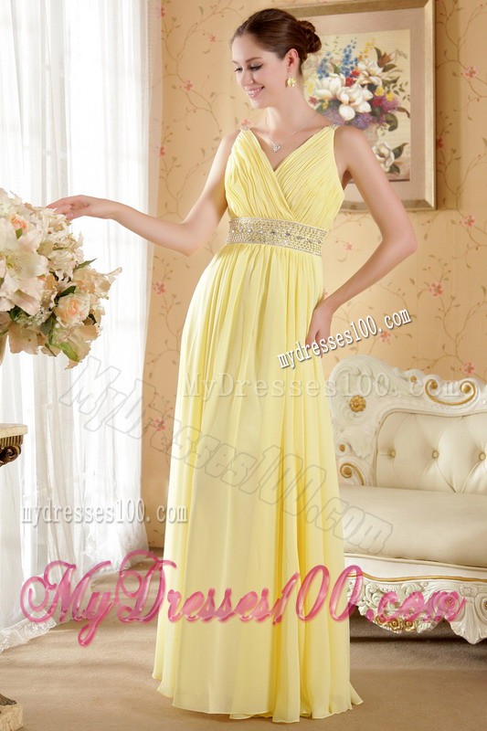 Straps Yellow V-neck Ruched Sheath Floor-length Prom Party Gown with Beading