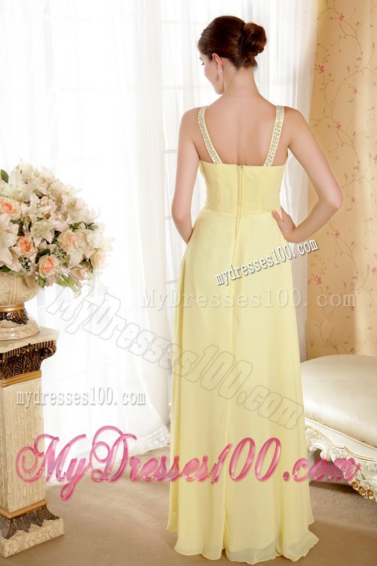 Straps Yellow V-neck Ruched Sheath Floor-length Prom Party Gown with Beading