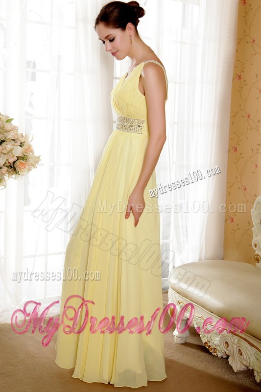 Straps Yellow V-neck Ruched Sheath Floor-length Prom Party Gown with Beading