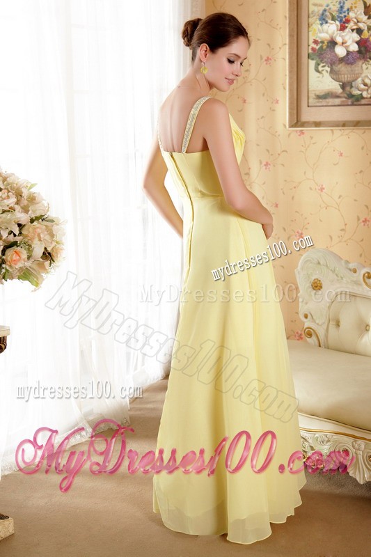 Straps Yellow V-neck Ruched Sheath Floor-length Prom Party Gown with Beading