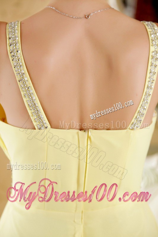 Straps Yellow V-neck Ruched Sheath Floor-length Prom Party Gown with Beading