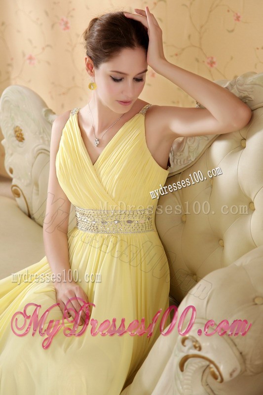 Straps Yellow V-neck Ruched Sheath Floor-length Prom Party Gown with Beading
