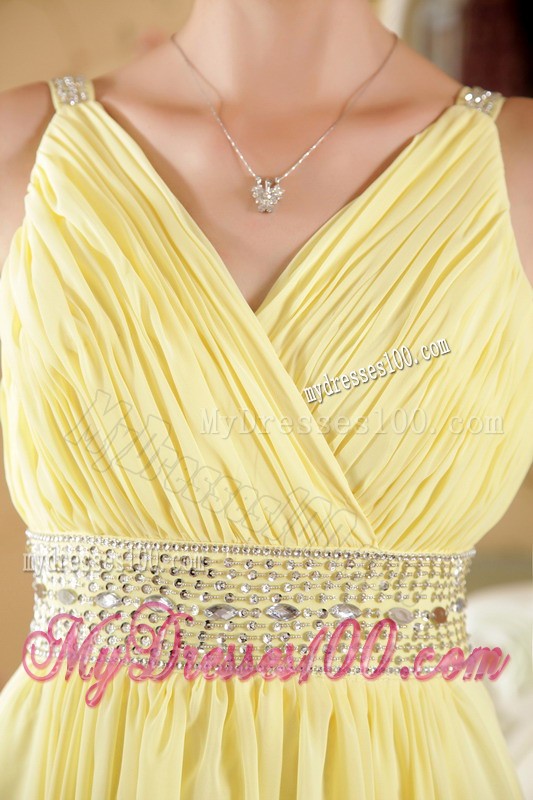 Straps Yellow V-neck Ruched Sheath Floor-length Prom Party Gown with Beading