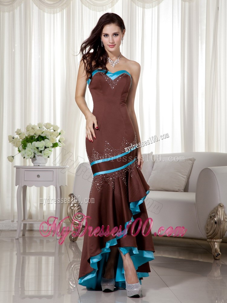 Brown and Blue Mermaid Sweetheart Satin Prom Dresses with Rhinestones