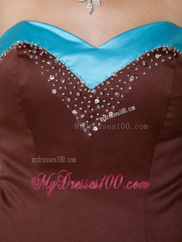 Brown and Blue Mermaid Sweetheart Satin Prom Dresses with Rhinestones