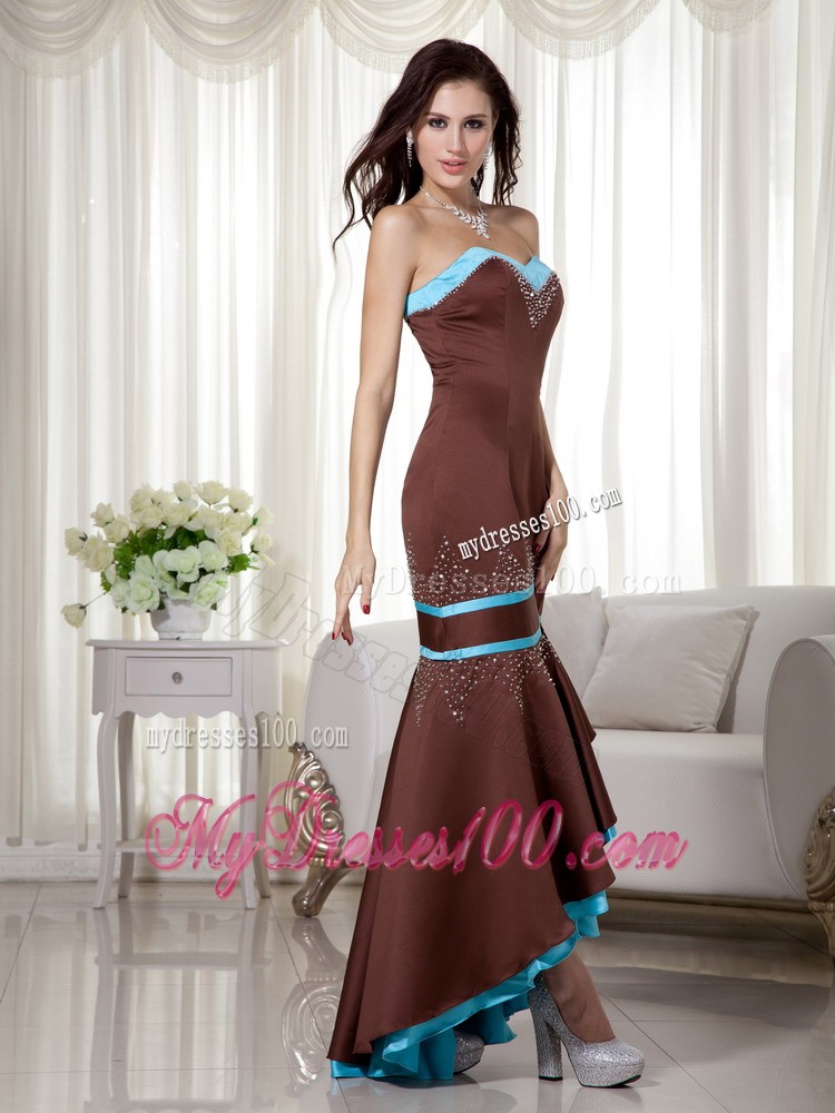 Brown and Blue Mermaid Sweetheart Satin Prom Dresses with Rhinestones