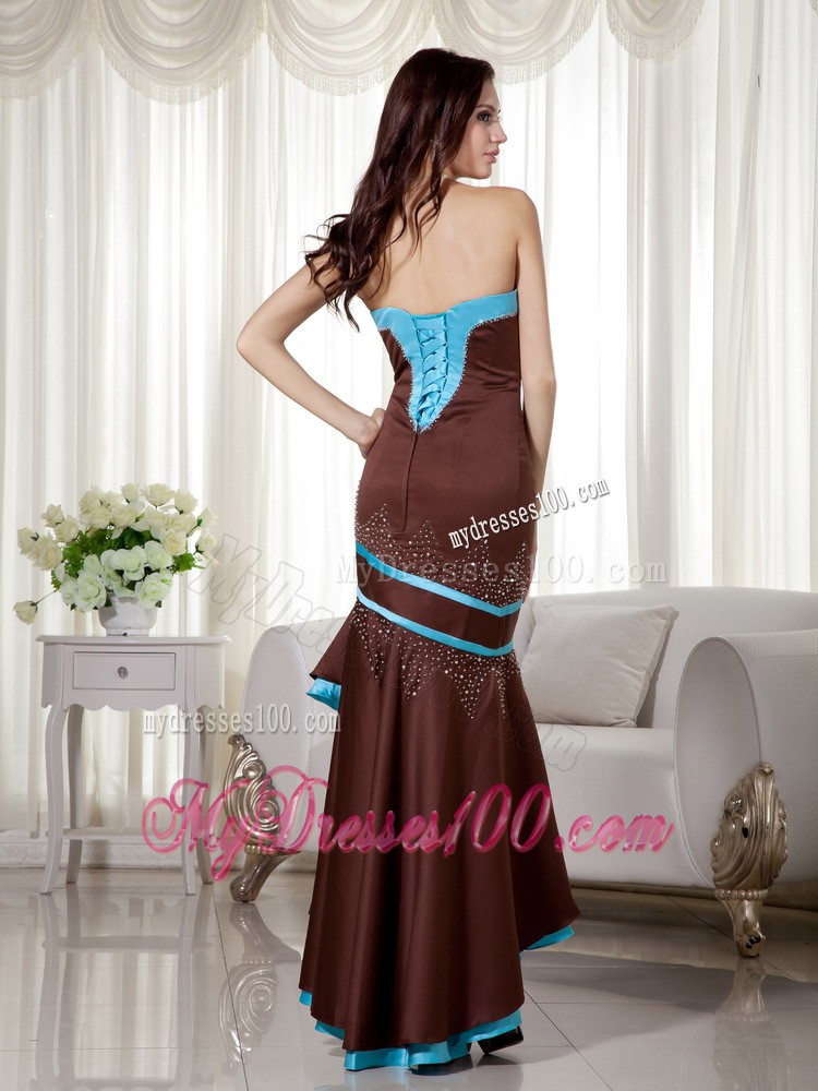 Brown and Blue Mermaid Sweetheart Satin Prom Dresses with Rhinestones