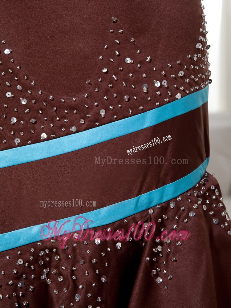Brown and Blue Mermaid Sweetheart Satin Prom Dresses with Rhinestones