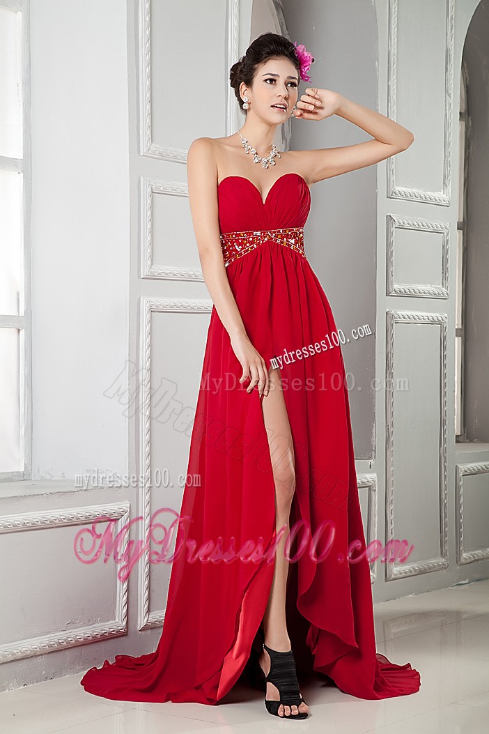 V-neck Red Prom Dress with Slits Up the Side and Beadings