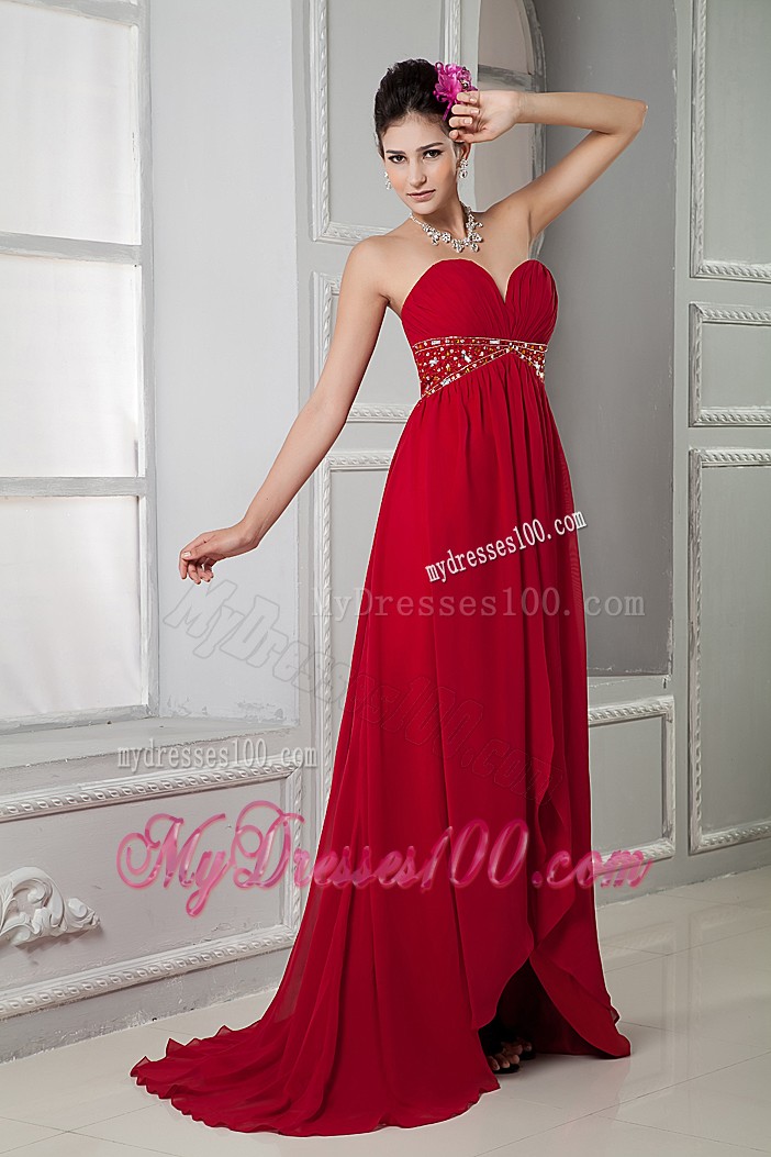V-neck Red Prom Dress with Slits Up the Side and Beadings