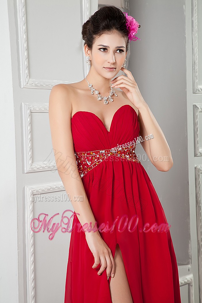 V-neck Red Prom Dress with Slits Up the Side and Beadings