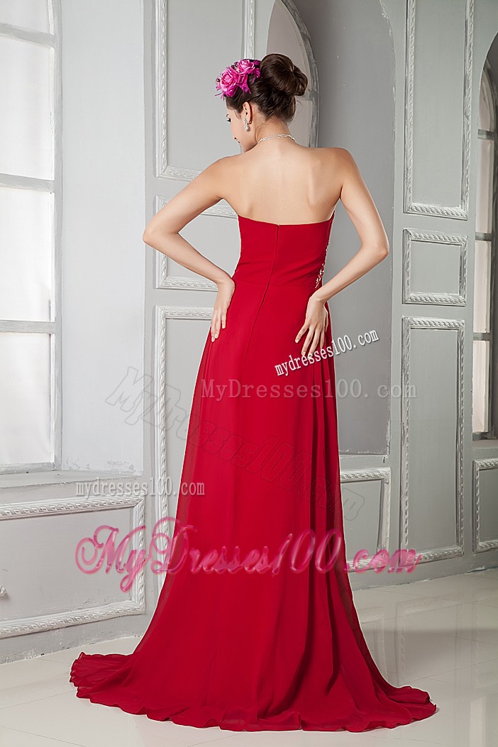 V-neck Red Prom Dress with Slits Up the Side and Beadings