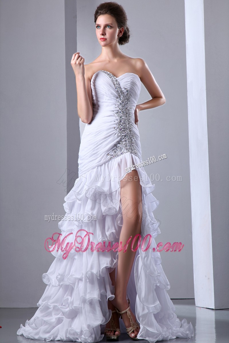 White Column Sweetheart Beaded High-low Prom Dresses with Ruffled Layers