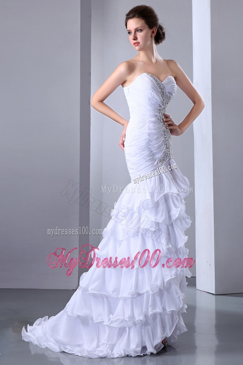 White Column Sweetheart Beaded High-low Prom Dresses with Ruffled Layers