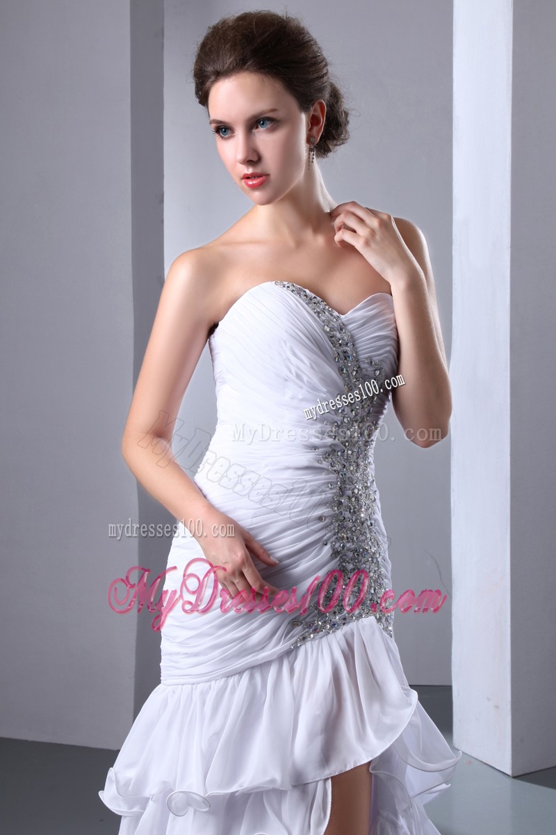 White Column Sweetheart Beaded High-low Prom Dresses with Ruffled Layers