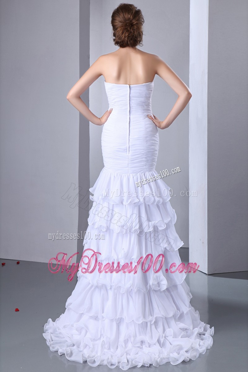 White Column Sweetheart Beaded High-low Prom Dresses with Ruffled Layers