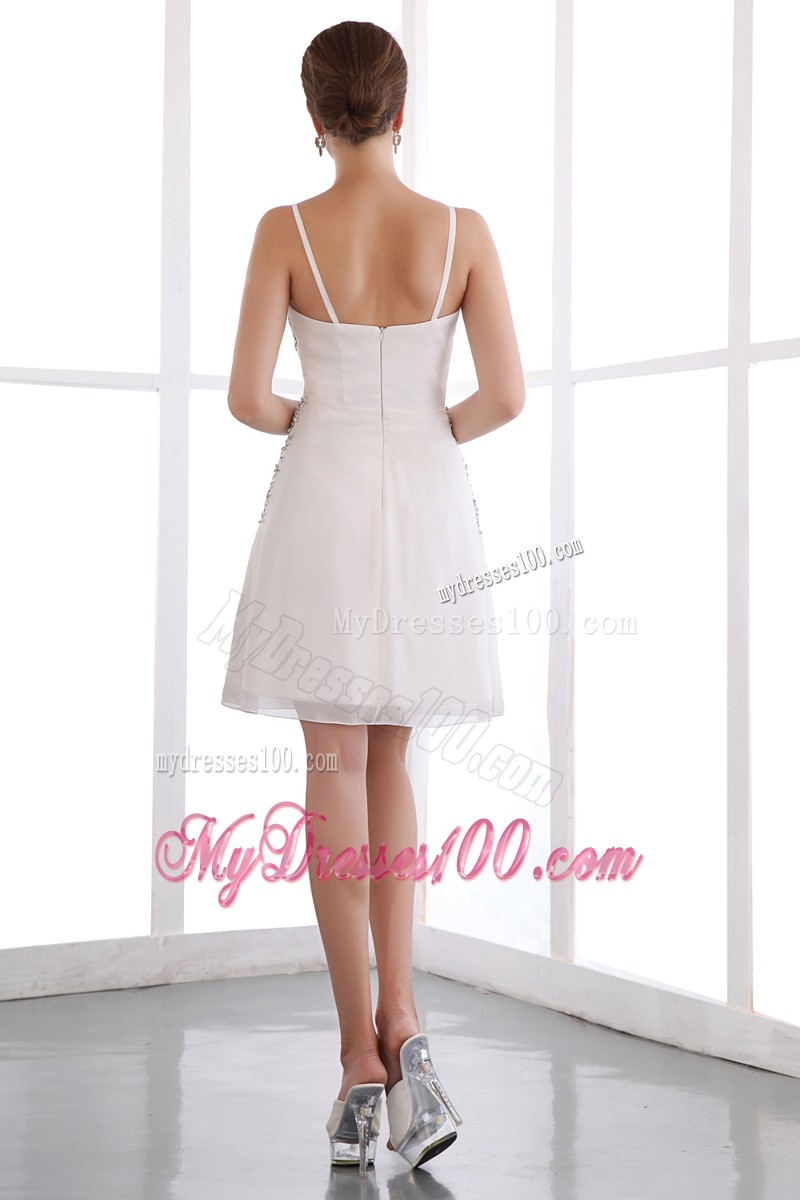 Mini-Length a-Line Beaded Prom Evening Dress with Spaghetti Straps in White