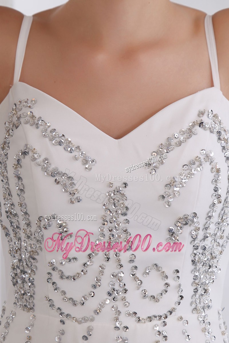 Mini-Length a-Line Beaded Prom Evening Dress with Spaghetti Straps in White