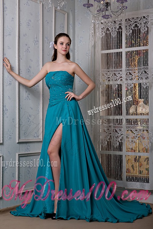 Remarkable Teal A-line Strapless Evening Dress Chiffon and Elastic Woven Satin Beading Court Train