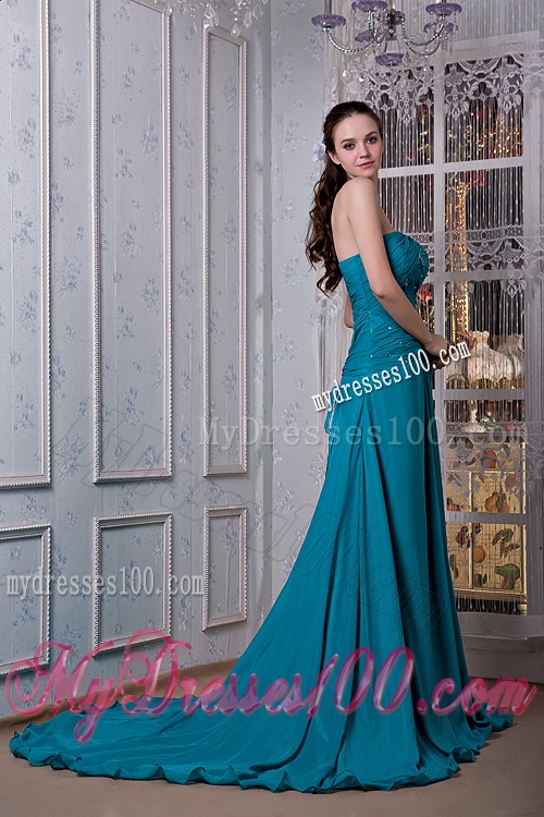 Remarkable Teal A-line Strapless Evening Dress Chiffon and Elastic Woven Satin Beading Court Train