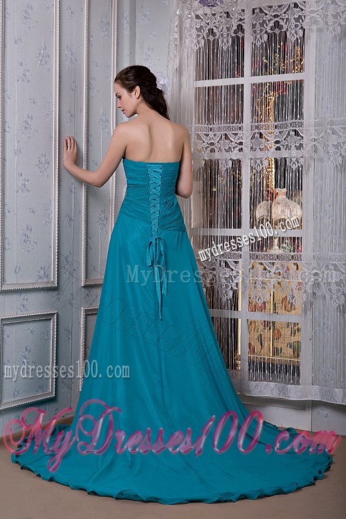 Remarkable Teal A-line Strapless Evening Dress Chiffon and Elastic Woven Satin Beading Court Train