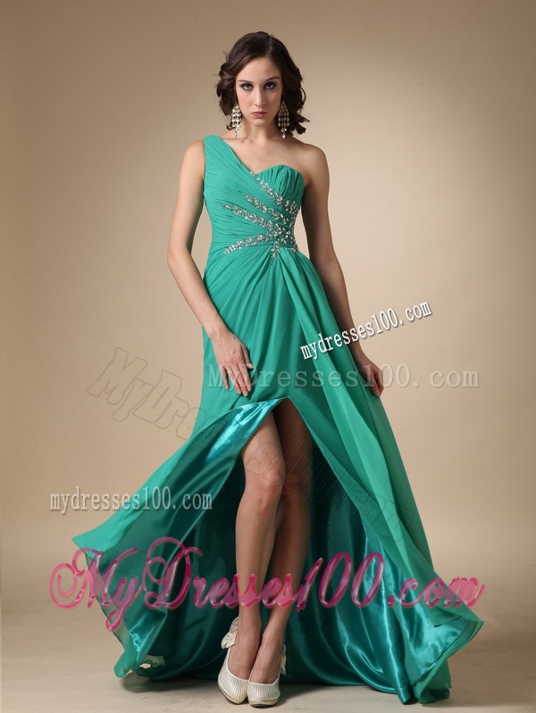 One Shoulder High Slit Turquoise Brush Train Prom Party Dress with Beading