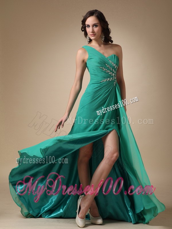 One Shoulder High Slit Turquoise Brush Train Prom Party Dress with Beading
