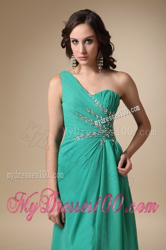 One Shoulder High Slit Turquoise Brush Train Prom Party Dress with Beading