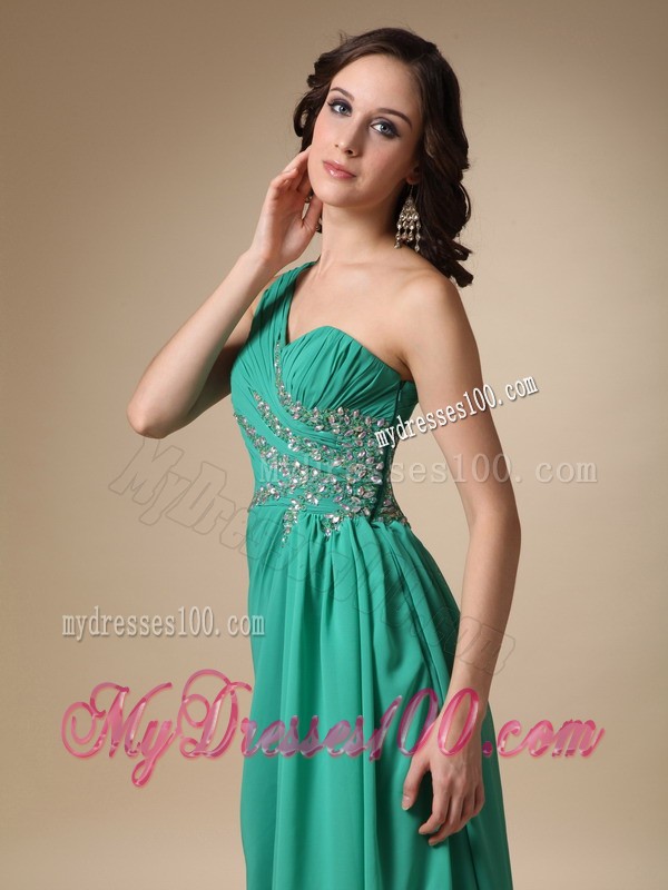 One Shoulder High Slit Turquoise Brush Train Prom Party Dress with Beading