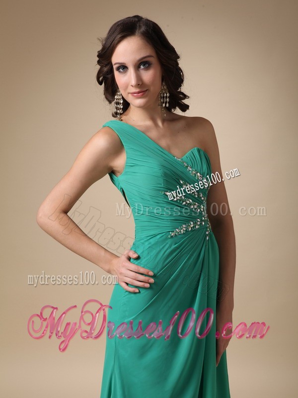 One Shoulder High Slit Turquoise Brush Train Prom Party Dress with Beading
