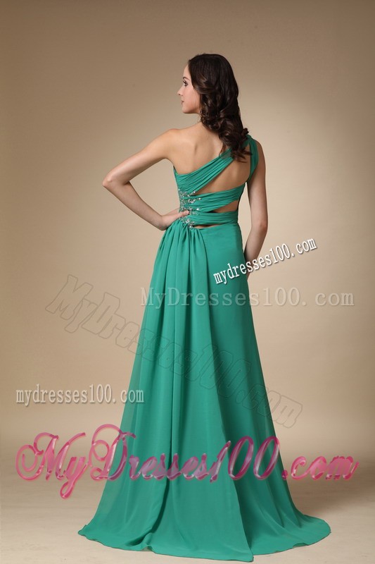 One Shoulder High Slit Turquoise Brush Train Prom Party Dress with Beading