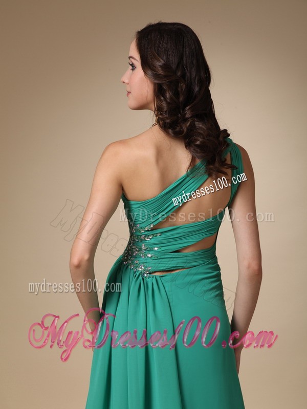 One Shoulder High Slit Turquoise Brush Train Prom Party Dress with Beading