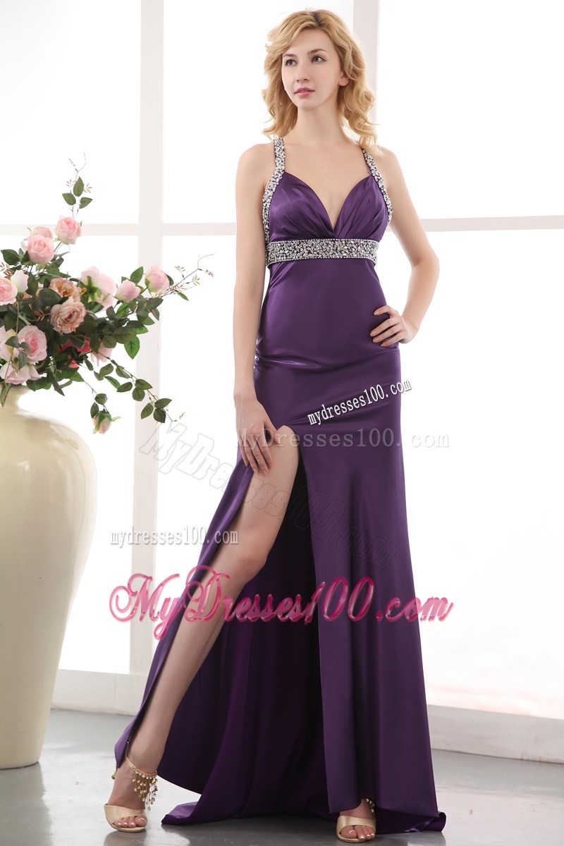 Criss-cross Back and Beading Prom Gown in Eggplant Purple