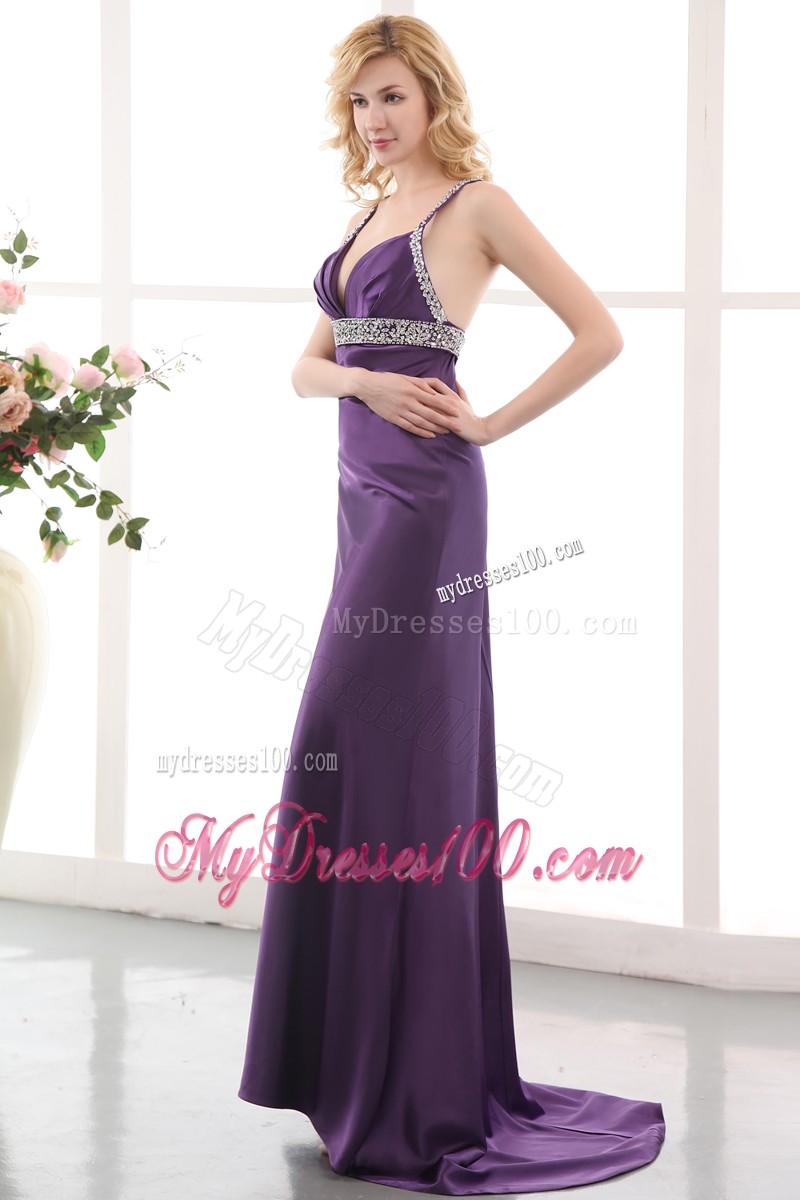 Criss-cross Back and Beading Prom Gown in Eggplant Purple