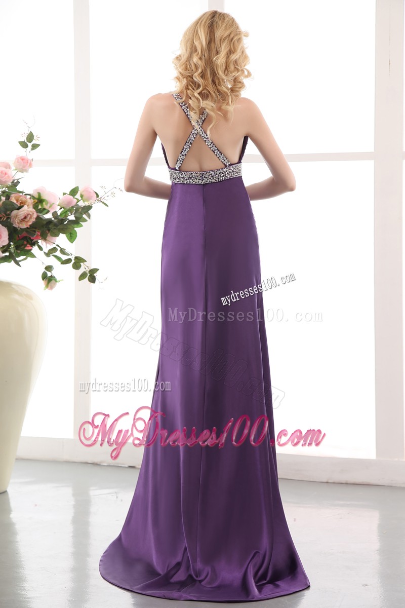 Criss-cross Back and Beading Prom Gown in Eggplant Purple