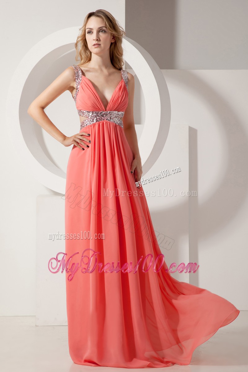 Watermelon Straps Plunging V-neck Prom Evening Dresses with Side Cut Out