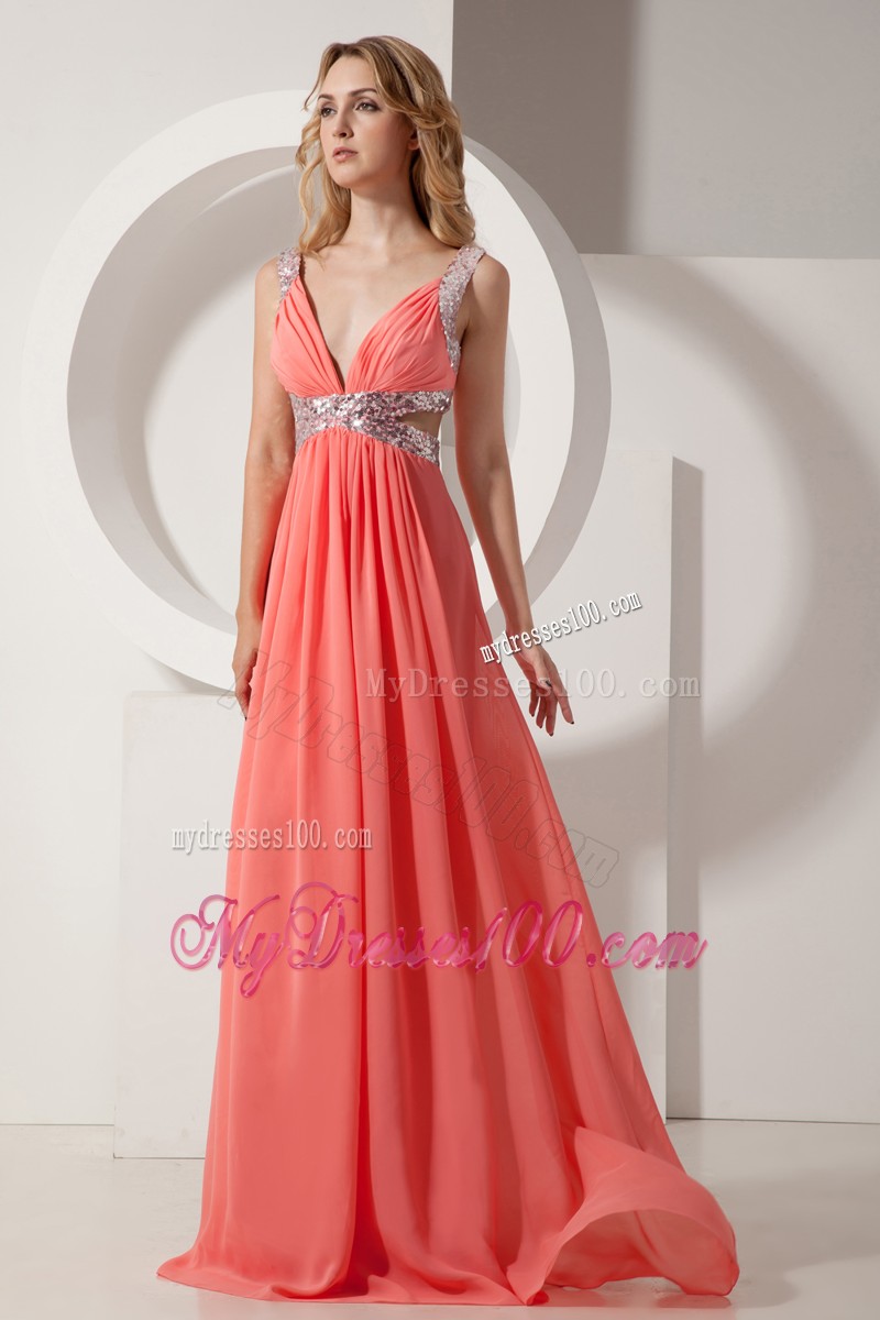 Watermelon Straps Plunging V-neck Prom Evening Dresses with Side Cut Out