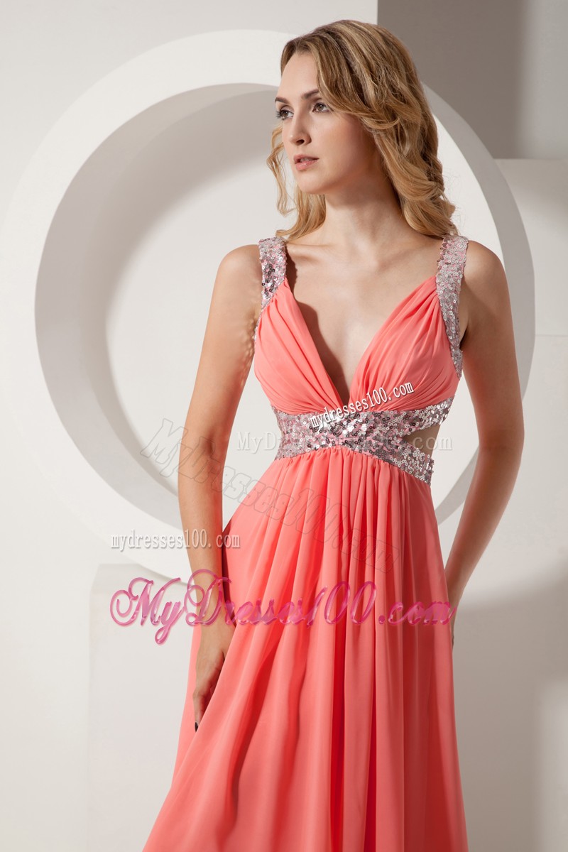 Watermelon Straps Plunging V-neck Prom Evening Dresses with Side Cut Out