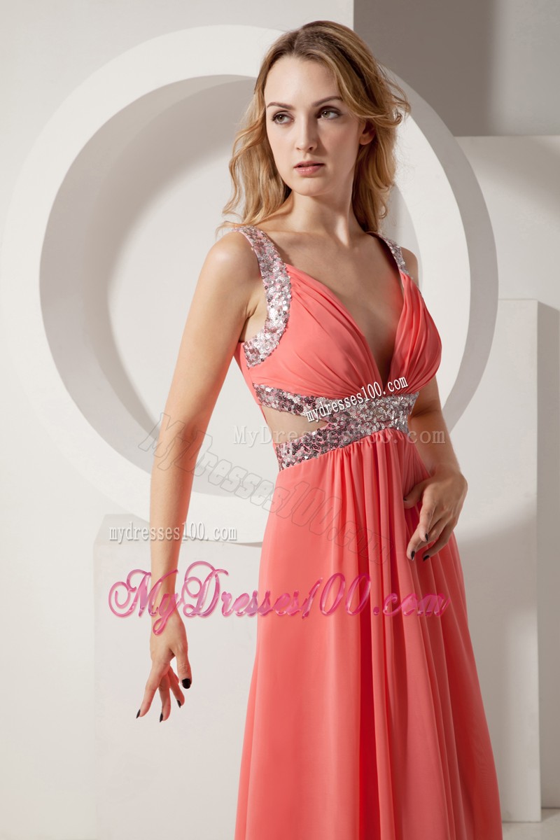Watermelon Straps Plunging V-neck Prom Evening Dresses with Side Cut Out
