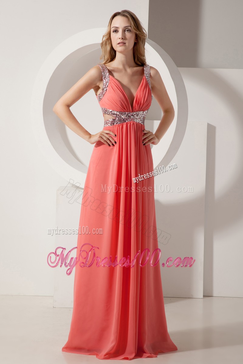 Watermelon Straps Plunging V-neck Prom Evening Dresses with Side Cut Out