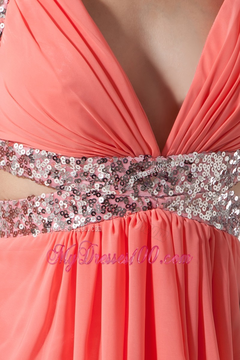 Watermelon Straps Plunging V-neck Prom Evening Dresses with Side Cut Out