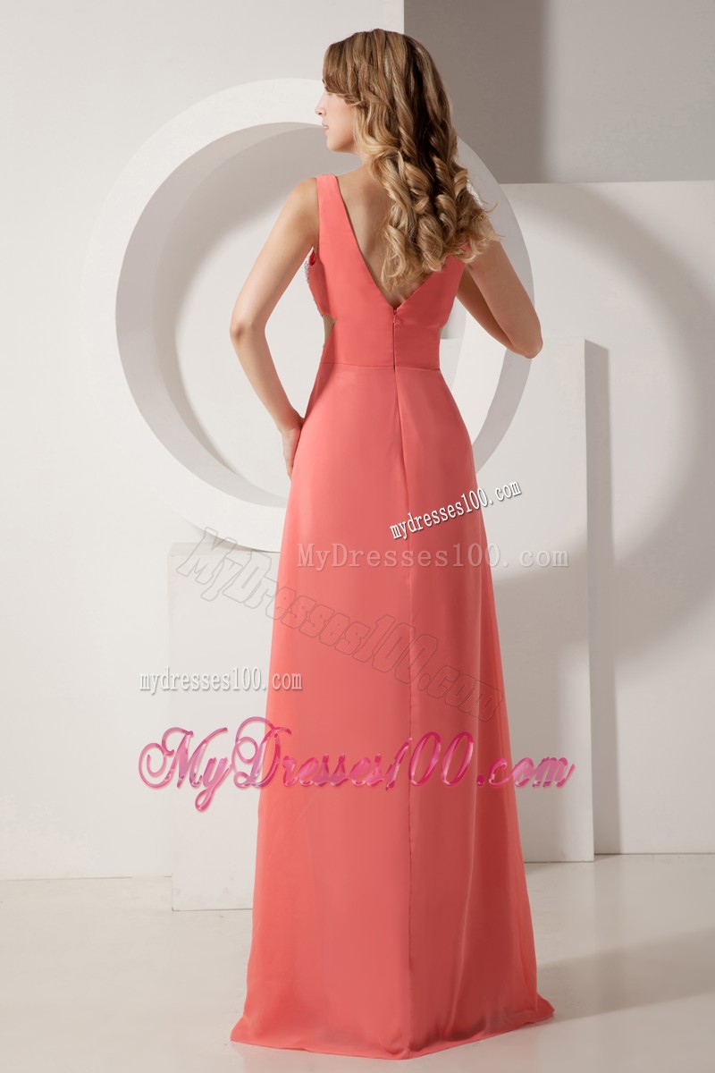 Watermelon Straps Plunging V-neck Prom Evening Dresses with Side Cut Out