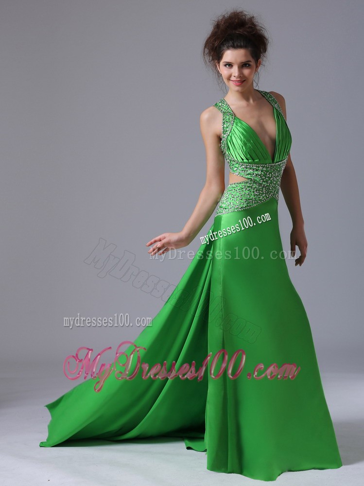 Spring Green Column V-neck Watteau Taffeta Prom Dress Backless