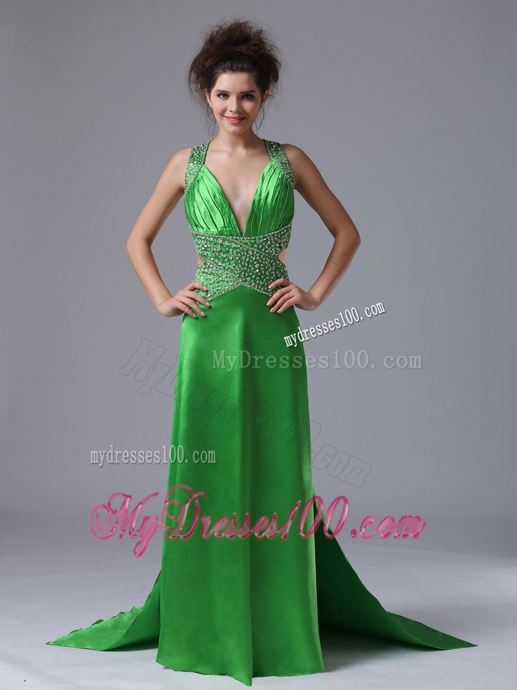 Spring Green Column V-neck Watteau Taffeta Prom Dress Backless