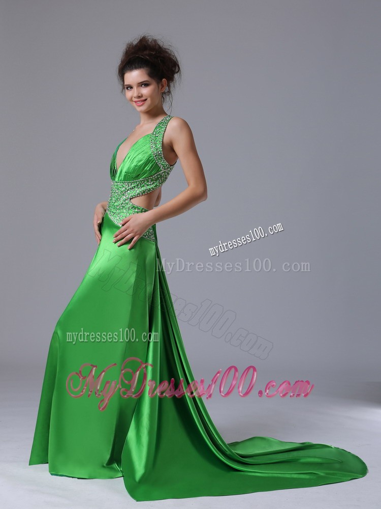 Spring Green Column V-neck Watteau Taffeta Prom Dress Backless