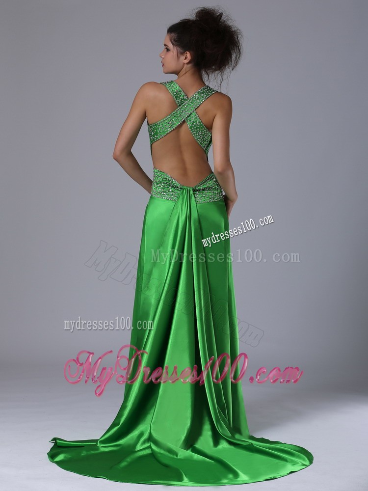Spring Green Column V-neck Watteau Taffeta Prom Dress Backless