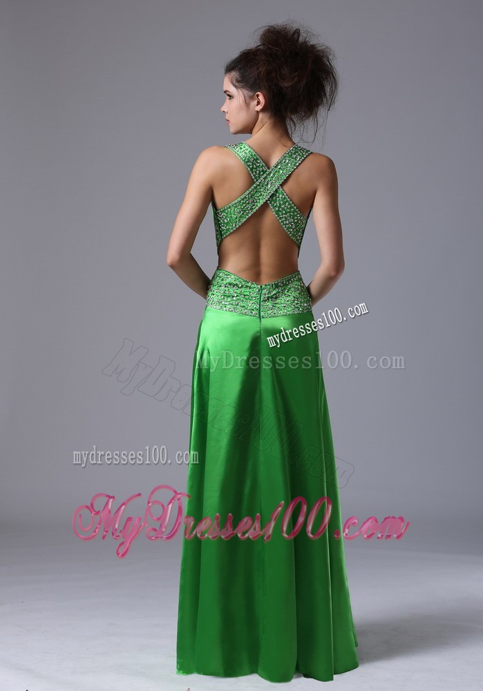 Spring Green Column V-neck Watteau Taffeta Prom Dress Backless
