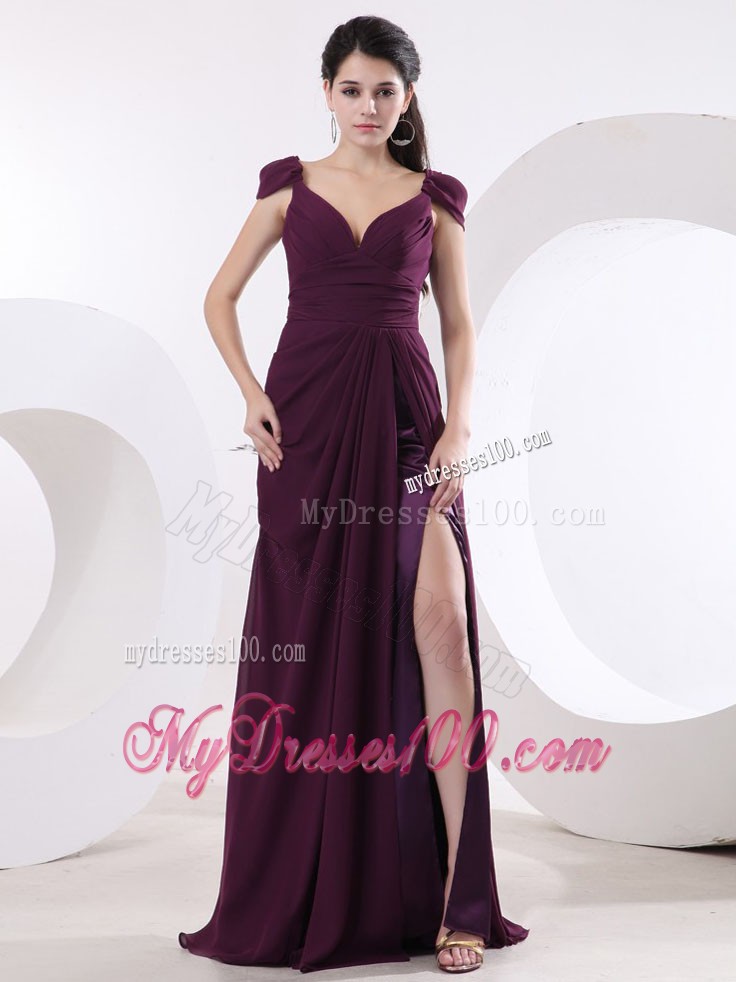 V-neck and High Slit For Sexy Prom Dress With Cap Sleeves